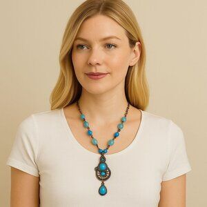 Vintage Avon Blue Beaded Pendant Necklace – Turquoise & Aqua Glass Beads, Boho S